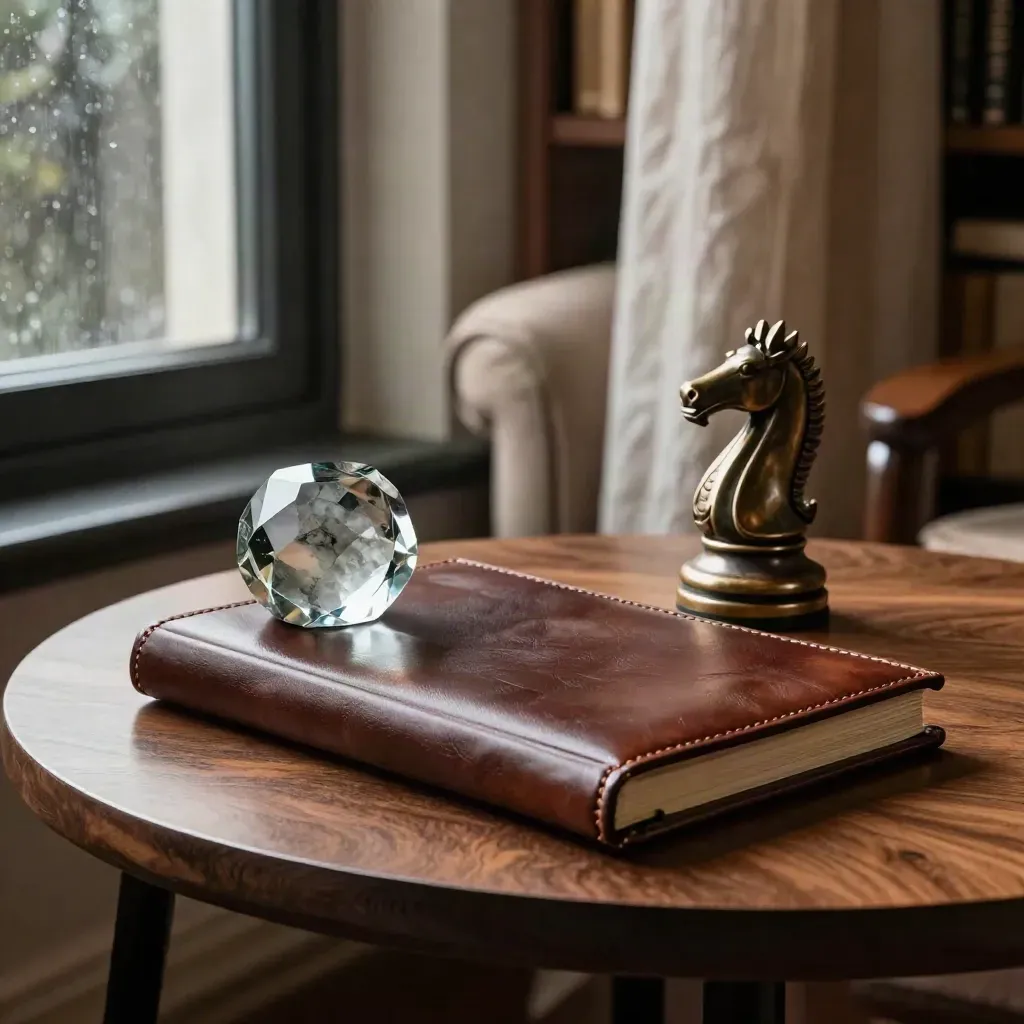 Quiet executive study corner with leather journal, bronze chess knight, stone paperweight, and rain-dark window.