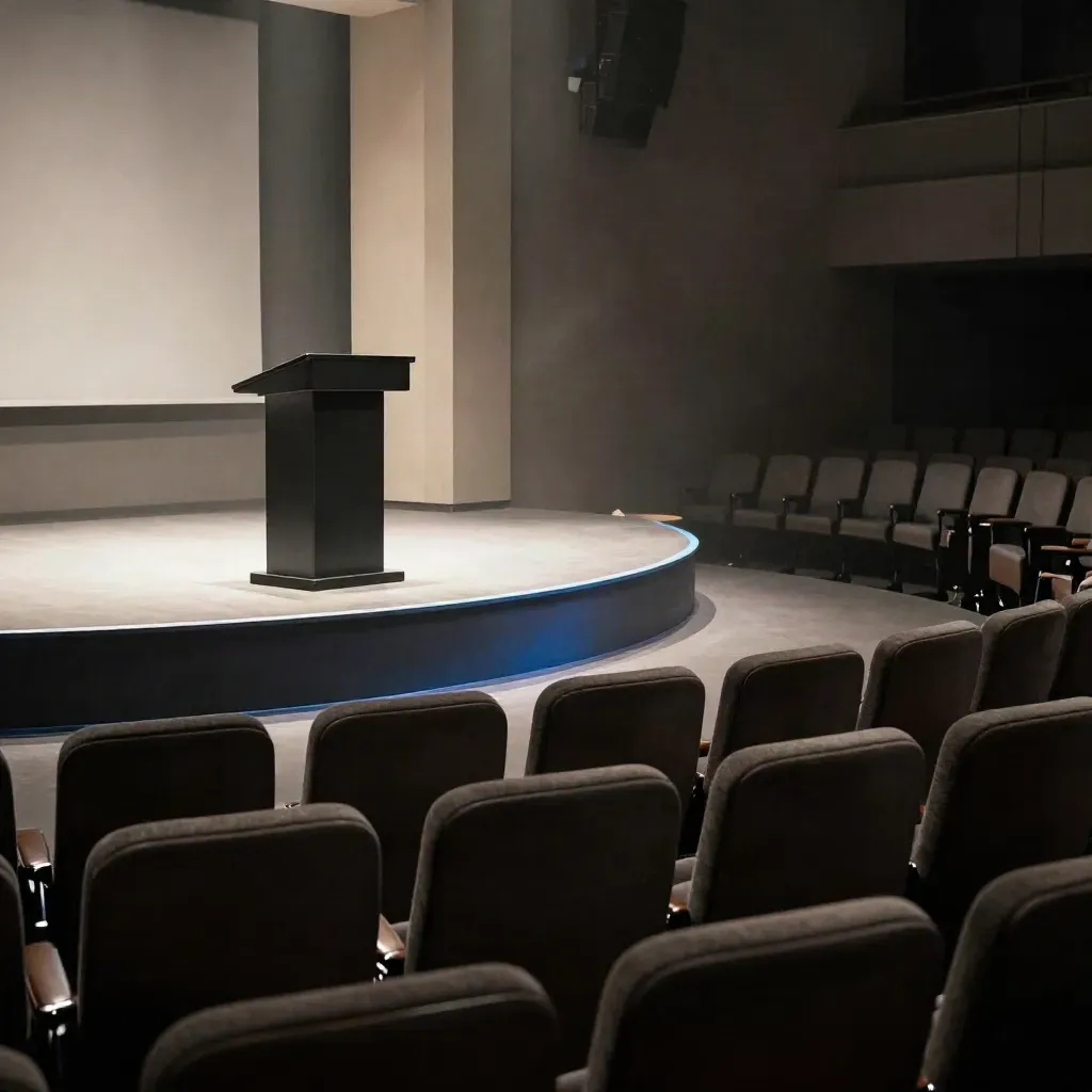 Empty lecture stage with lectern, spotlights, and shadowed chairs in a hazy auditorium.