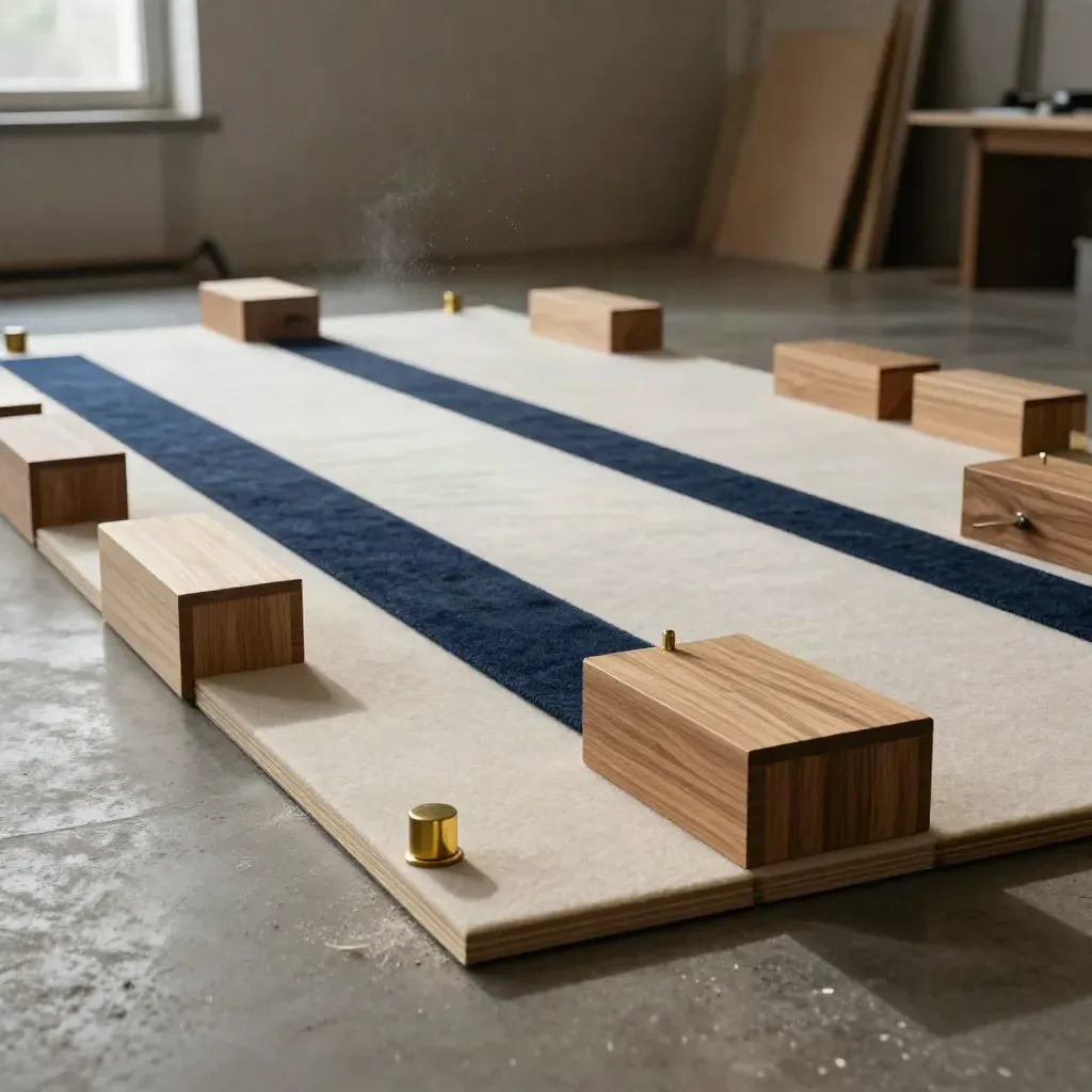 Modular wooden strategy blocks and brass pins arranged in lanes in a hazy studio.