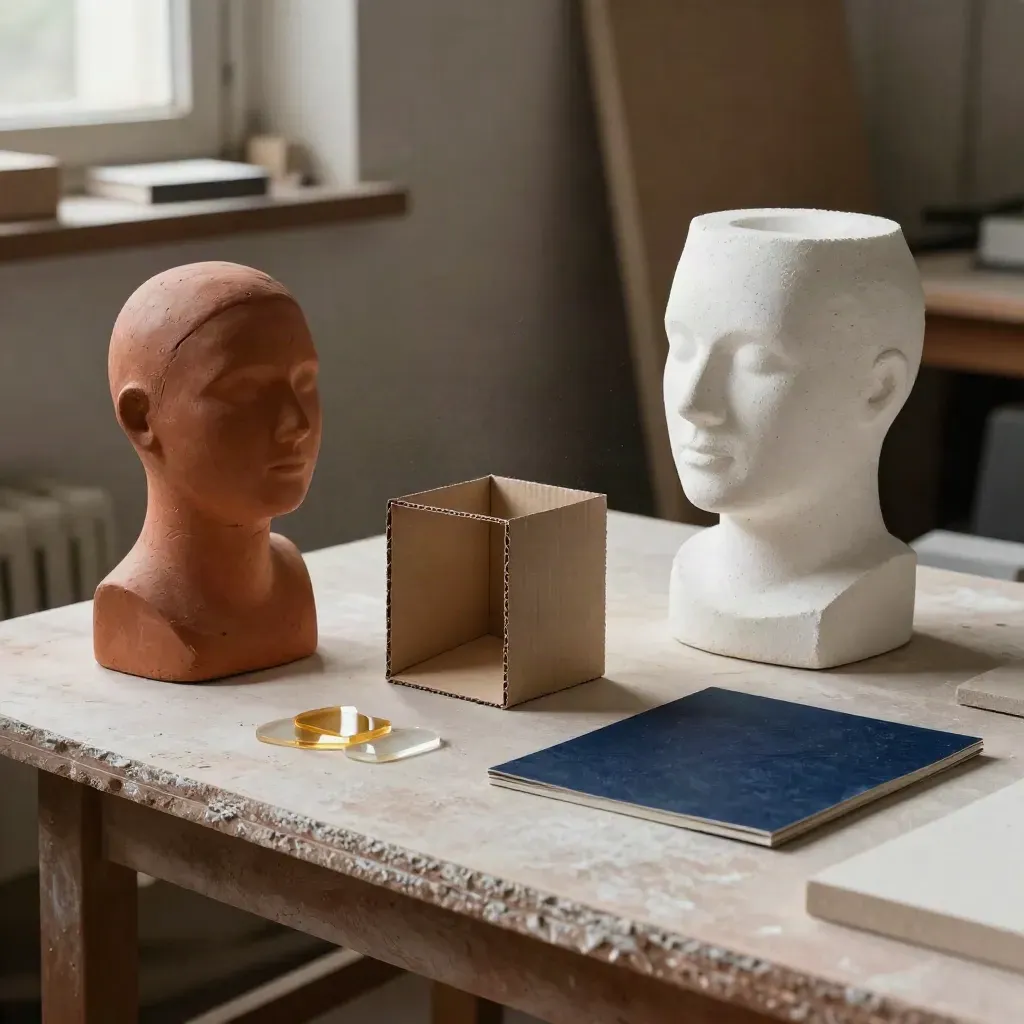 Foam maquettes and acrylic chips arranged on a plaster bench in warm amber light.