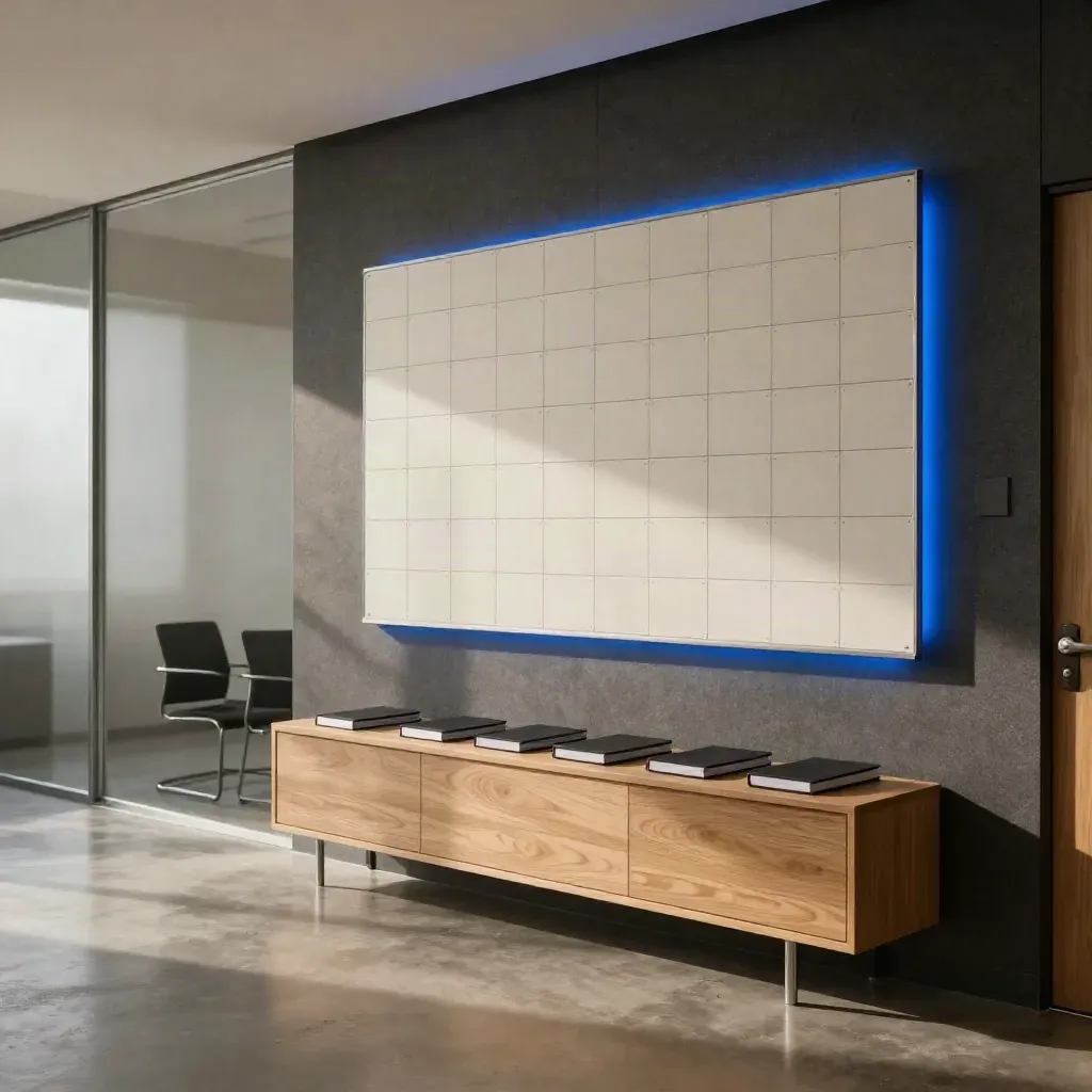 Empty strategy room with a high magnetic board, notebooks, and tucked chairs in soft daylight.