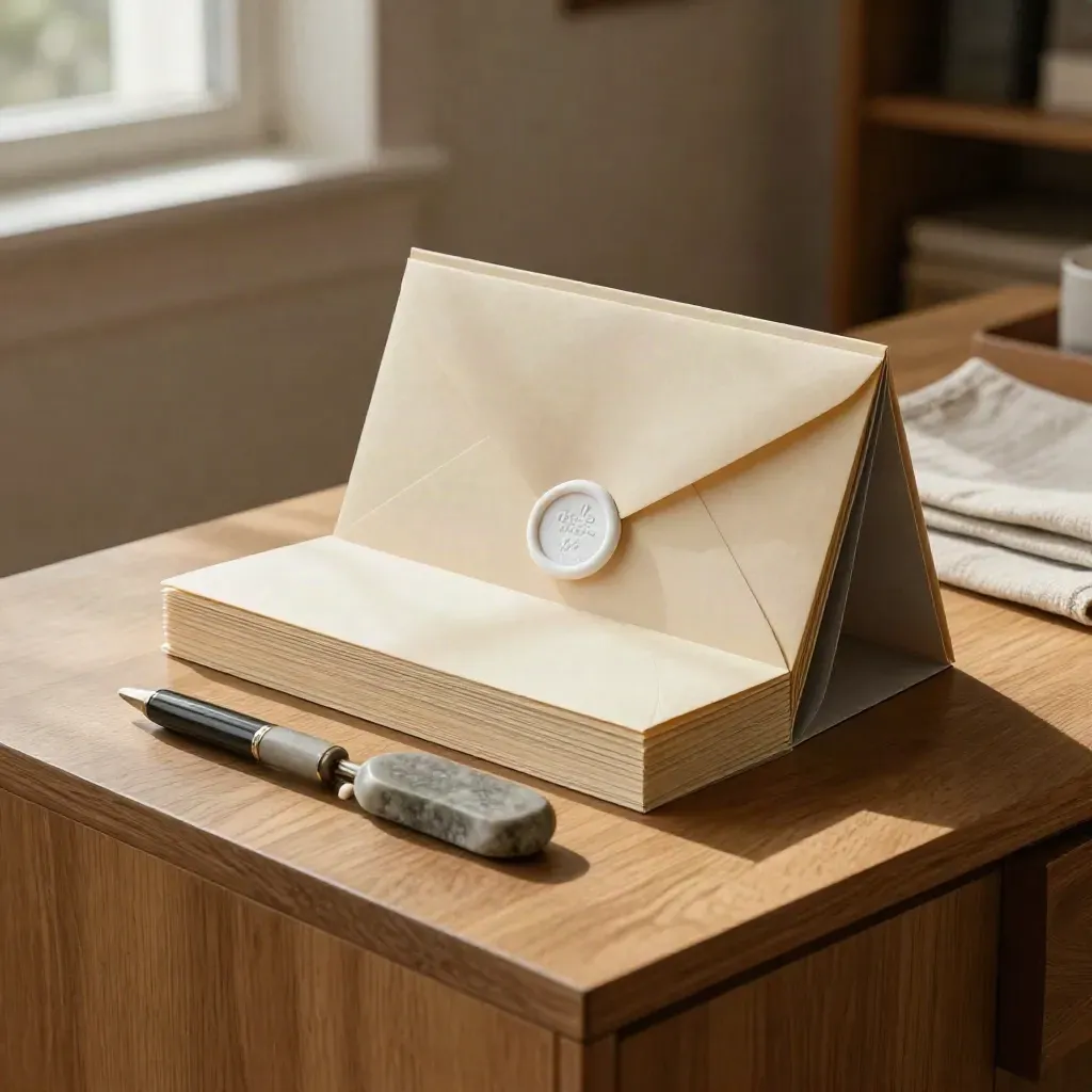 Sunlit pitch kit with folders, wax-sealed envelope and card block on a pale oak credenza