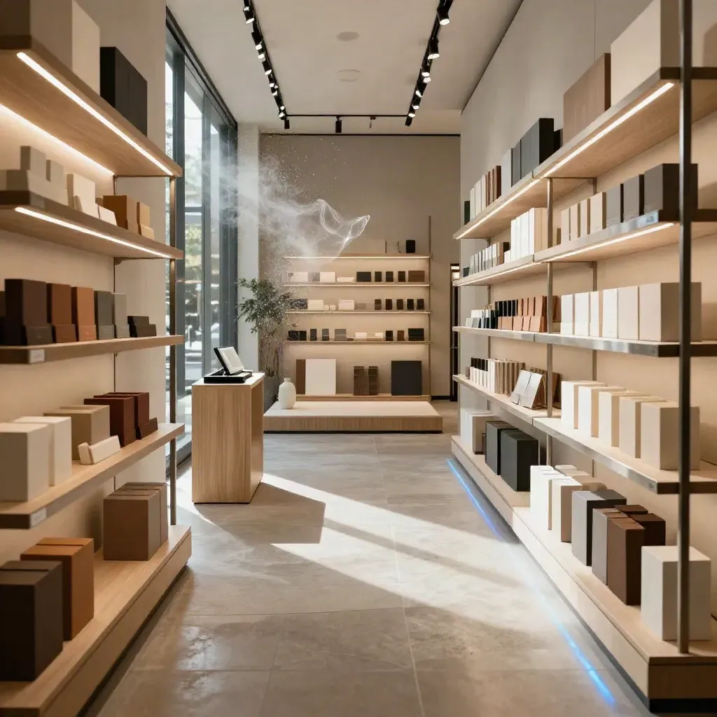 Empty retail launch floor with lit shelves, product blocks, and a small stage at the far end.