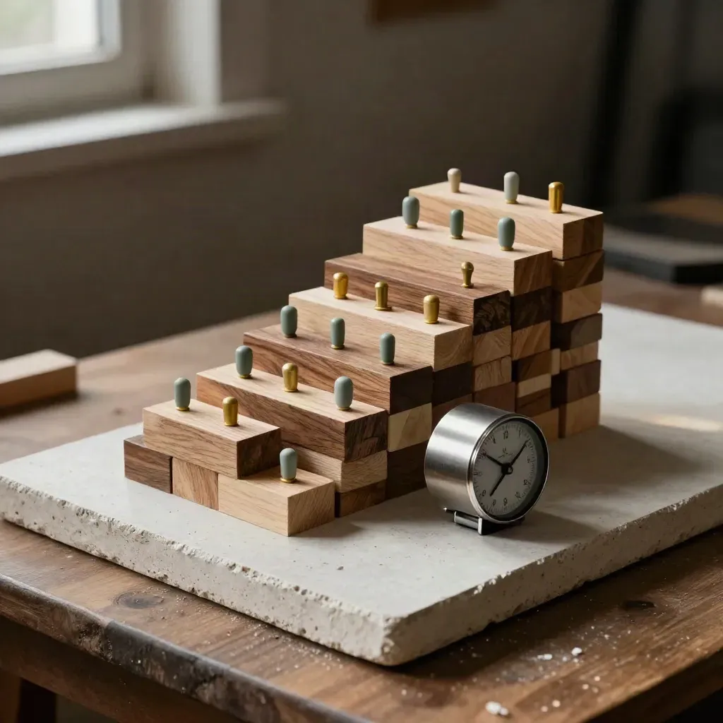 Wooden blocks, colored pegs and a metal timer on a plaster slab in a dramatic studio still life.