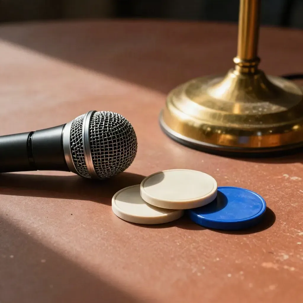 Microphone grille, cue clicker, stage markers and brass lamp base on terracotta.