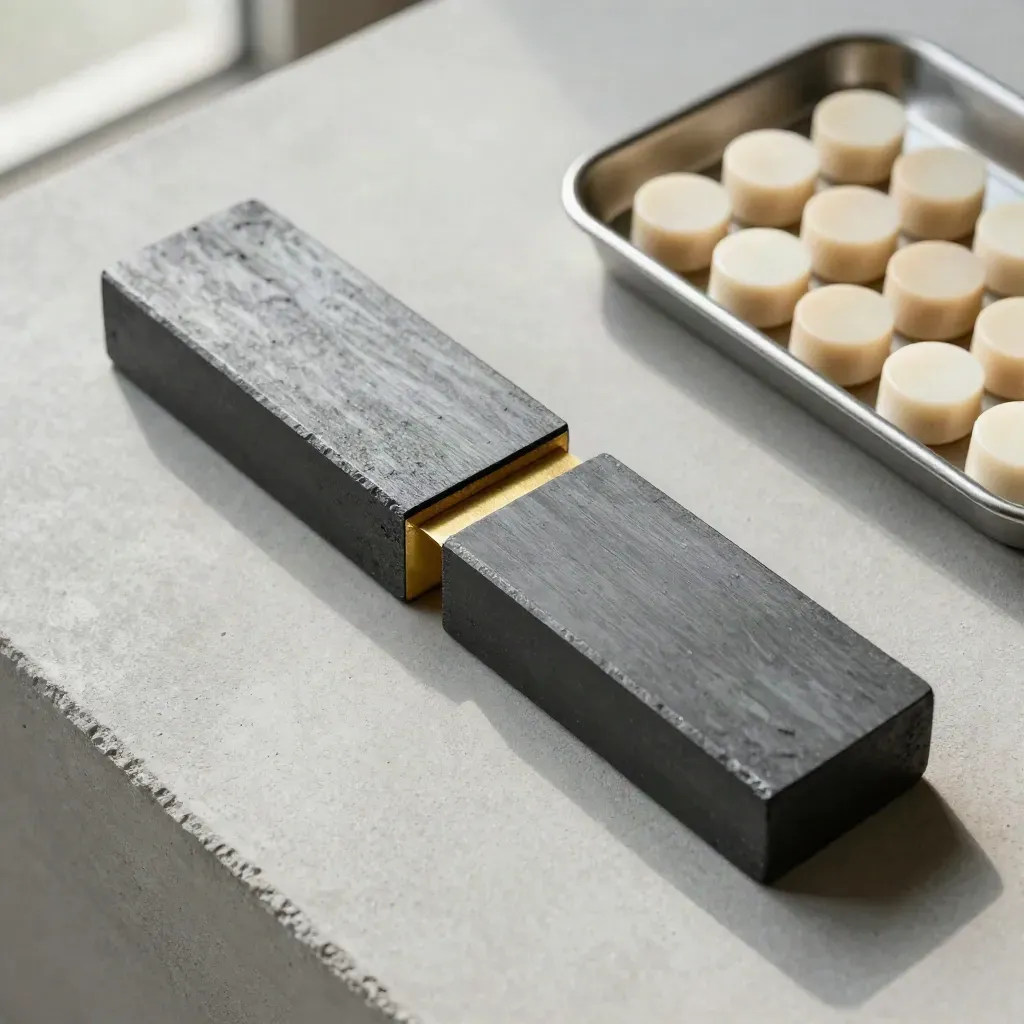 Overhead flatlay of graphite blocks bridged by brass with a tray of ivory tokens on concrete