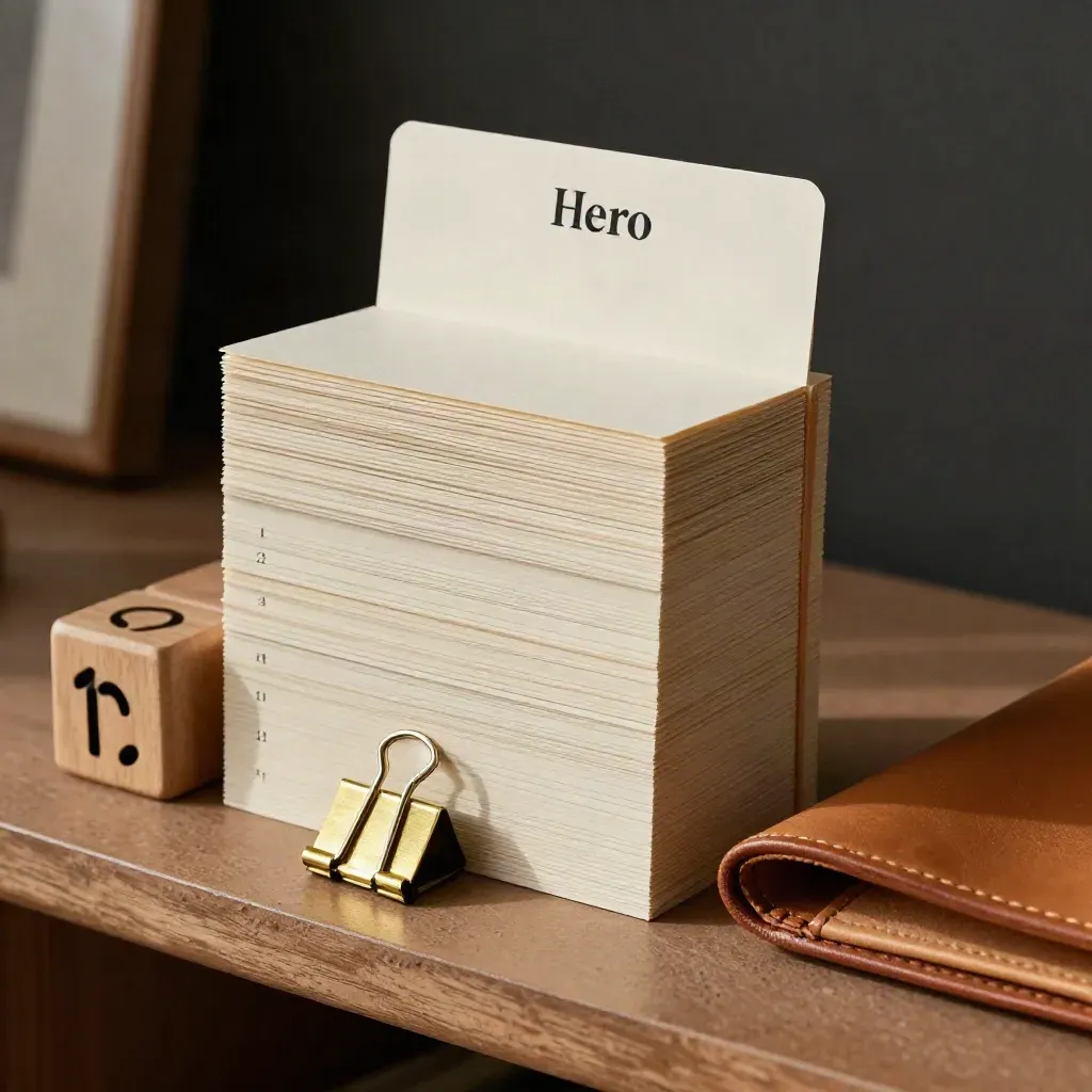 Ivory planning cards, wooden cubes, brass clips, and leather sleeve on plaster sideboard