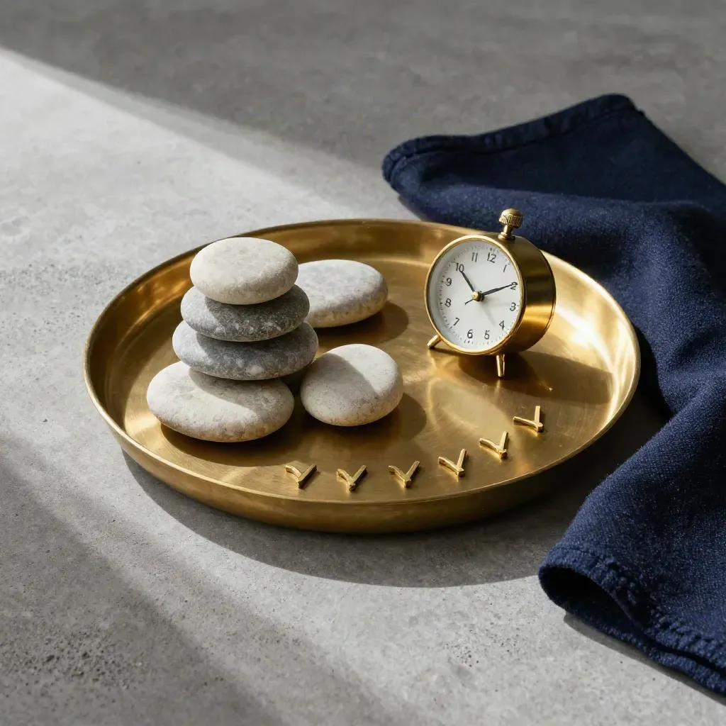 Brass tray, stacked pebbles, turned clock, and weekly check marks on concrete